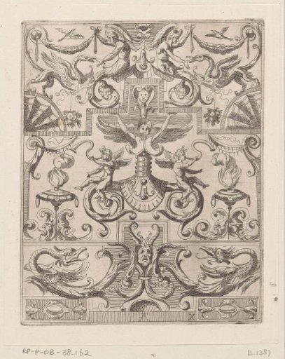 Grotesque ornament with two horn-blowing angels in the center