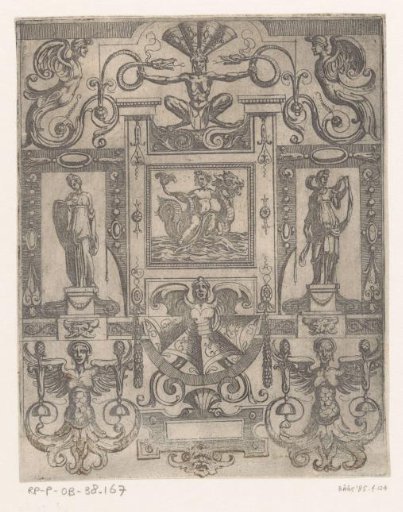 Grotesque ornament with a triton on a sea monster in the center