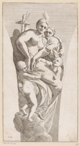Lunette with Charity and a female personification with sword and compass