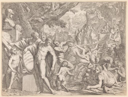 Young man with a bust of Minerva and dancing satyrs