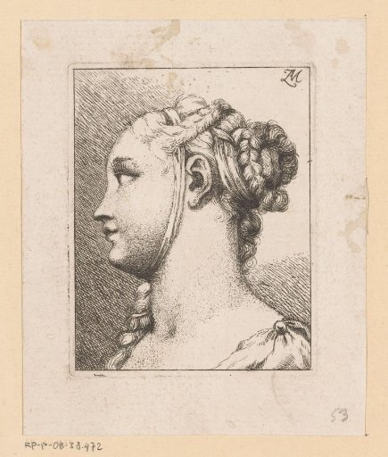 Head of a woman with braided and up-drawn hair