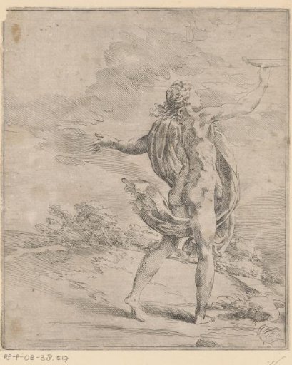 Naked woman with drapery holding up a basin