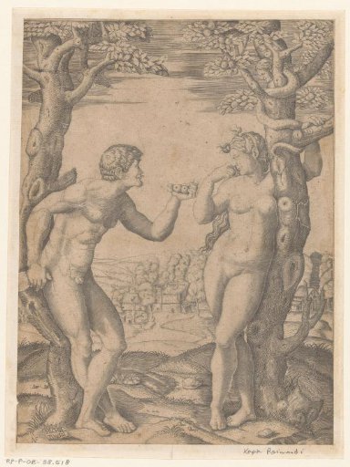 The Fall of Adam and Eve at the tree of knowledge of good and evil with a serpent