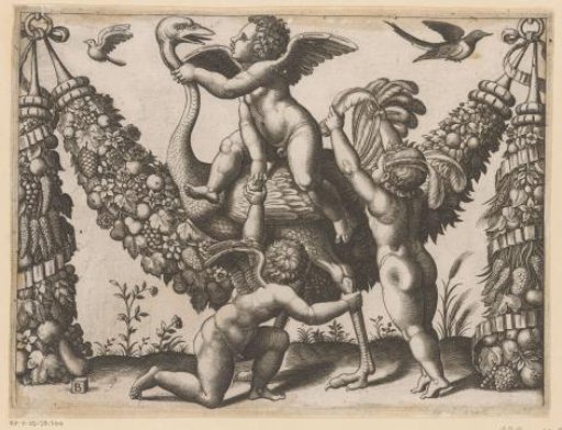 Three putti and an ostrich