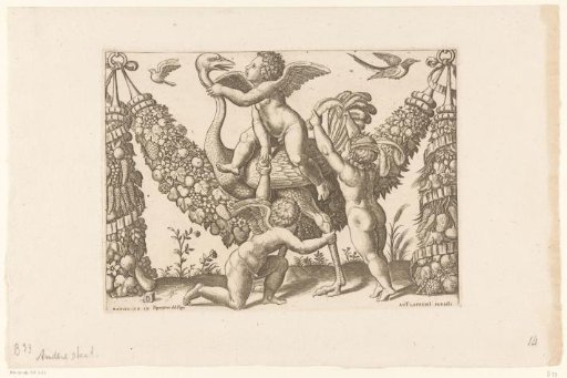Three putti and an ostrich
