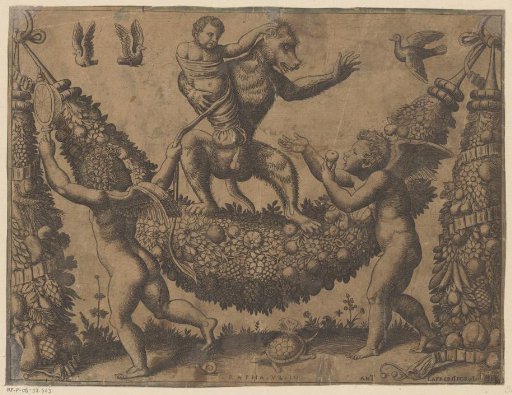 Putti mocking a monkey
