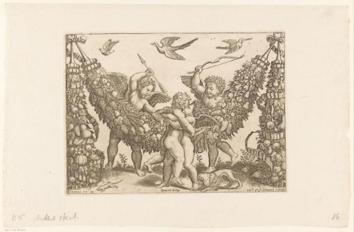Three putti and a child by a garland