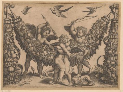 Three putti and a child by a garland
