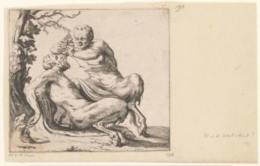 A satyr offering grapes to another satyr