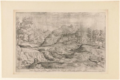 Hilly landscape with a man on a bridge