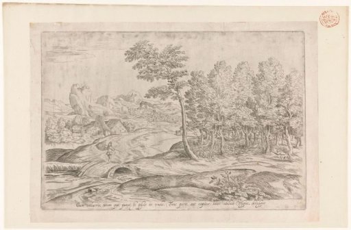 Landscape with hunters and a man with a net on a bridge