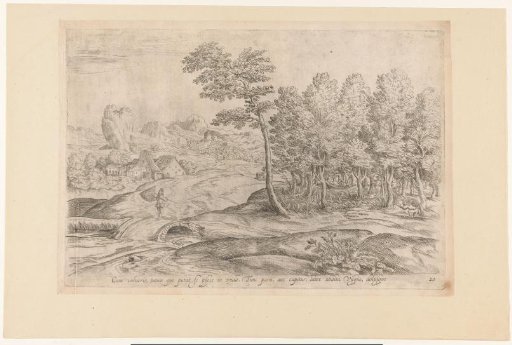 Landscape with hunters and a man with a net on a bridge