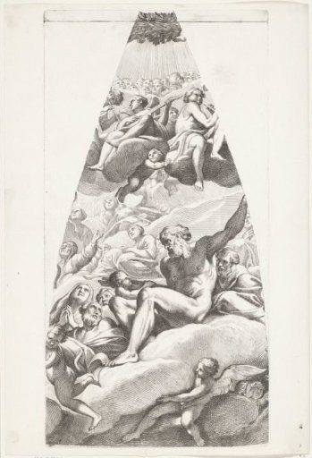Abraham and Isaac with saints seated on a cloud