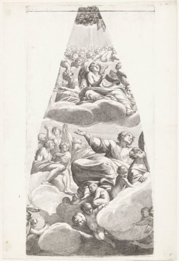 A young saint seated on a cloud with angels