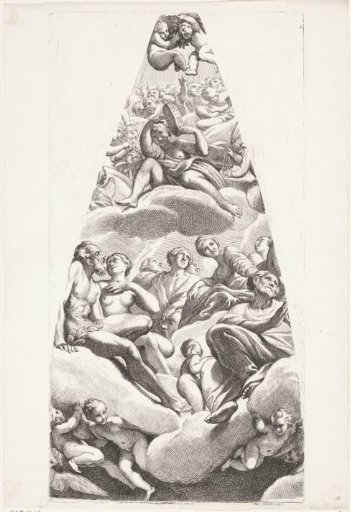 Adam and Eve with saints seated on a cloud