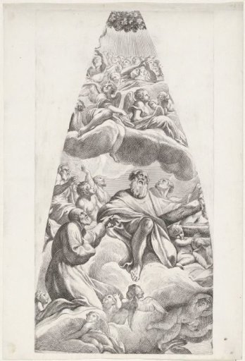 Saint Andreas Avellinus and a kneeling saint seated on a cloud