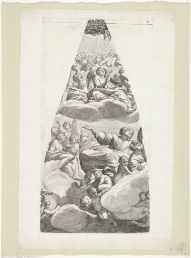 A young saint seated on a cloud with angels
