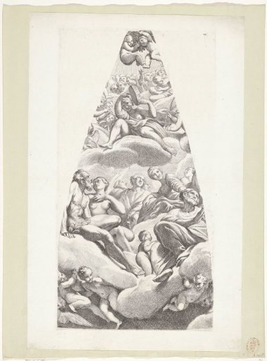 Adam and Eve with saints seated on a cloud