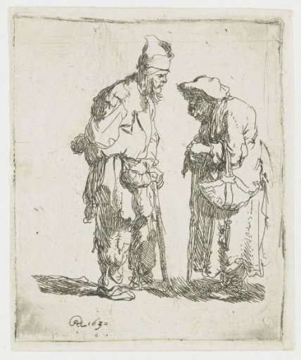 Beggar and beggar woman in conversation