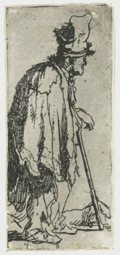 Beggar with a maimed hand, leaning on a stick