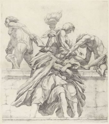 Two apostles embracing each other and three angels