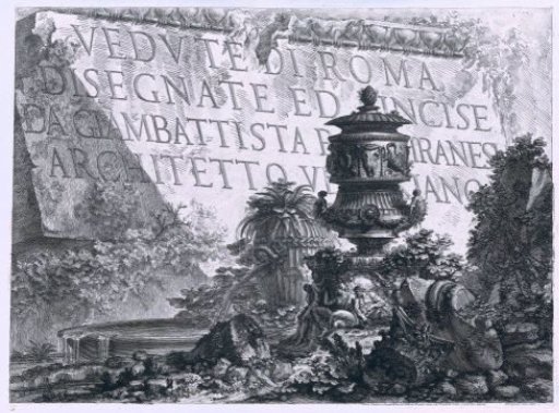 Title print with text on a marble block in a landscape with ruins and a fountain