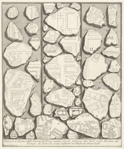 Marble fragments with parts of a plan of Rome
