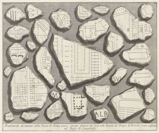 Marble fragments with parts of a plan of Rome