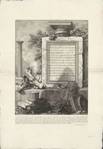 Pedestal with inscription and fragments of columns and statues