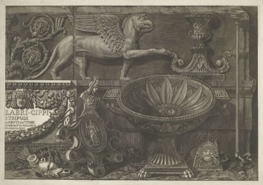 Title page with sculptures, carved reliefs and a sarcophagus with title (right part)