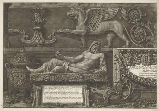 Title page with sculptures, carved reliefs and a sarcophagus with title (left part)