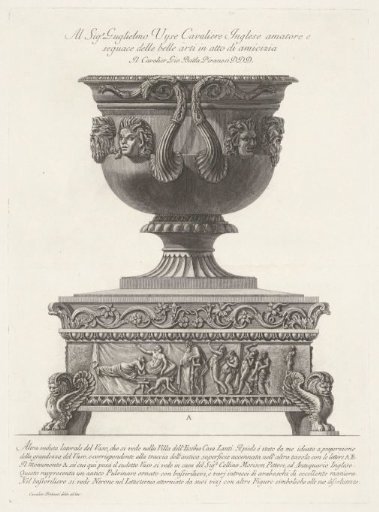 Vase with masks on a pedestal