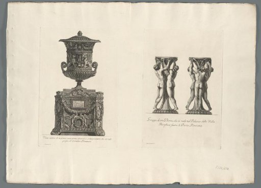 Vase on an ash urn and a pedestal with a figure group