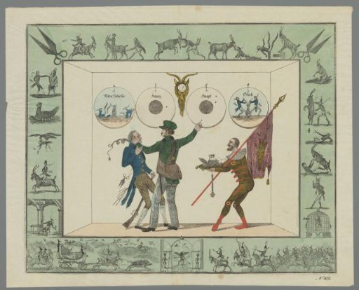 Three figures in a room with four round circles
