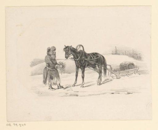 Man leading a horse with sleigh