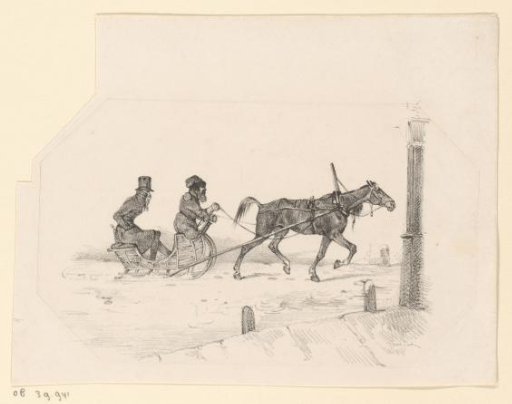 Two men on a horse-drawn sleigh