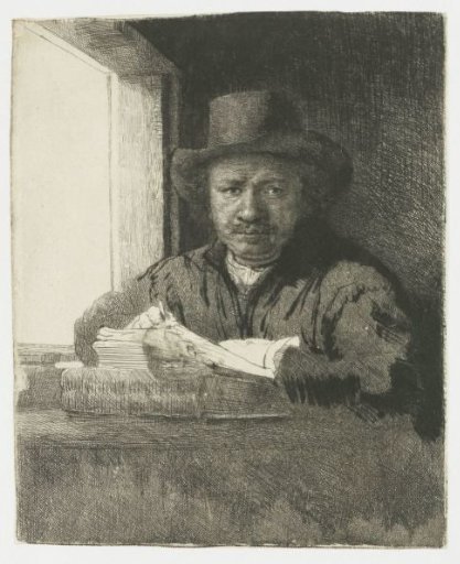 Self-portrait etching at a window