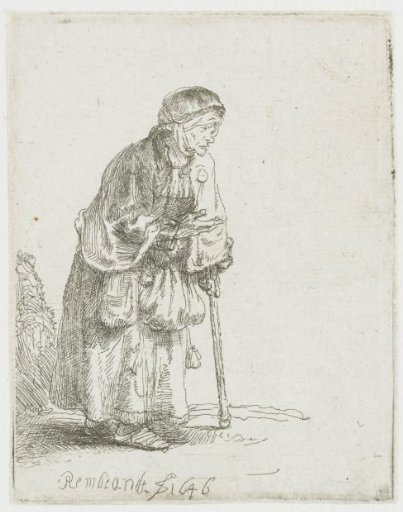 Beggar woman, leaning on a stick