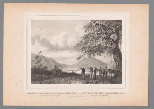 Landscape with figures by a lake and the volcanoes Gunung Karang and Pulosari