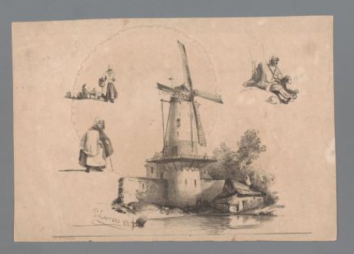 Mill on the water with three figure studies around it