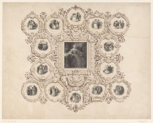 Portrait of Louise Marie of Orléans with an ornamental frame featuring various scenes