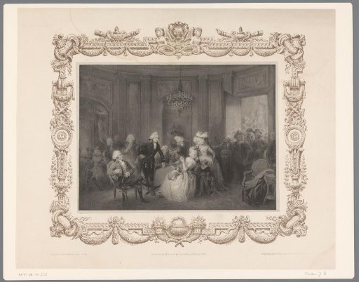 Woman in a large company viewing a medallion