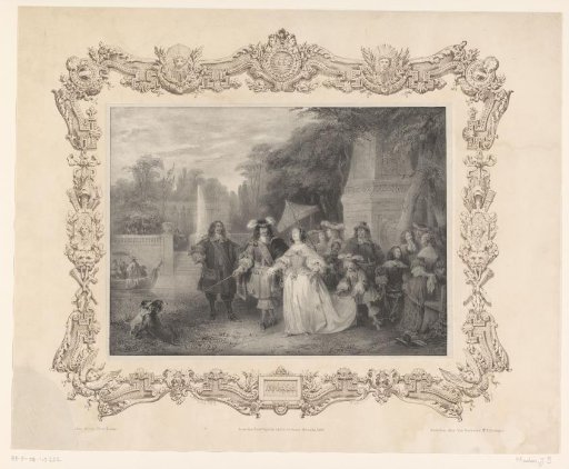 Man and woman walking with their retinue in a park