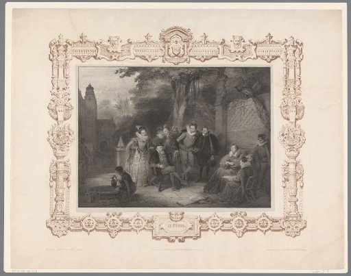 Company seated in a garden at a castle