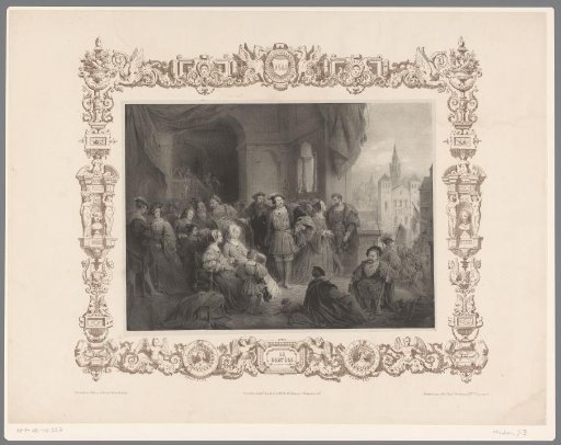Large company at a court with a procession outside