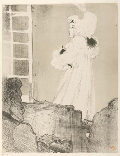 Portret van May Belfort (May Egan) met twee figuren en een piano