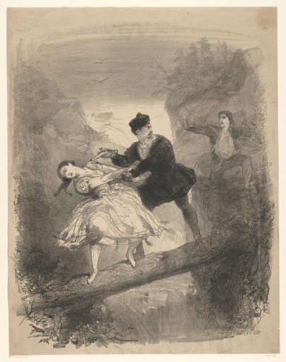 Ballet scene with man and woman above an abyss