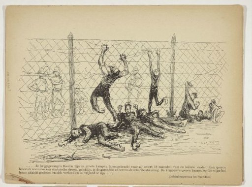 Captured Boers behind a fence