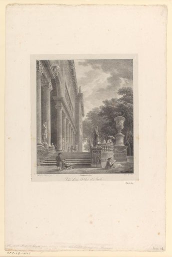 Strolling people and sketchers at the steps of an Italian palace