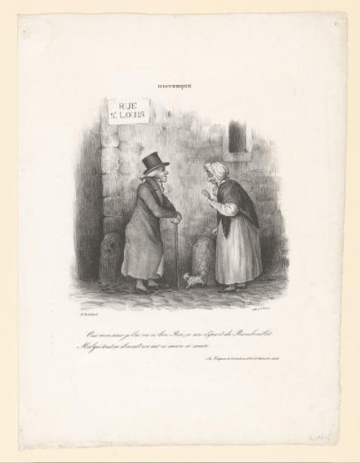 Two old people chatting about the French king
